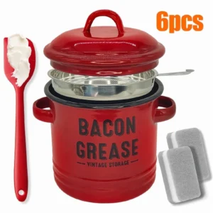 46 Oz Grease Container with Filter, Scraper, Strainer & Silicone Spatula,