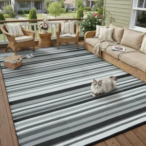 Outdoor Plastic Straw Rug Black White Stripe